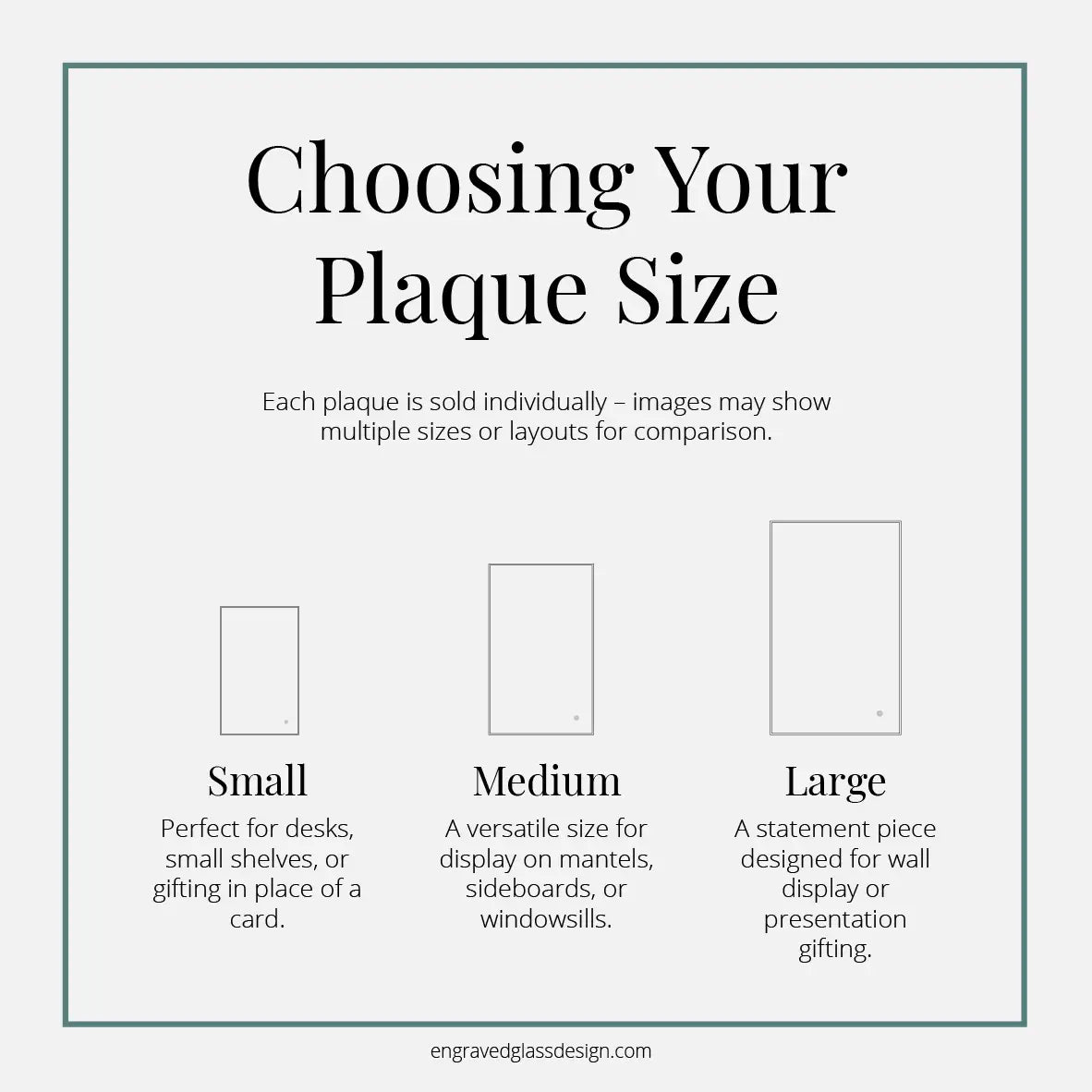 Guide to award sizes — small, medium, and large glass rectangle awards with matching chrome pins