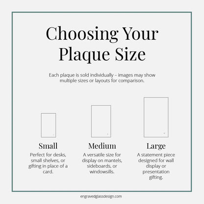 Guide to award sizes — small, medium, and large glass rectangle awards with matching chrome pins