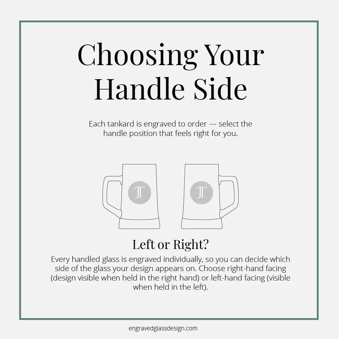 Instructional graphic on choosing handle side for tankards with two illustrations of tankards.