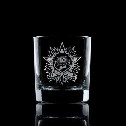 masonic whisky glass engraved with  an irish charity steward craft officers collar jewel