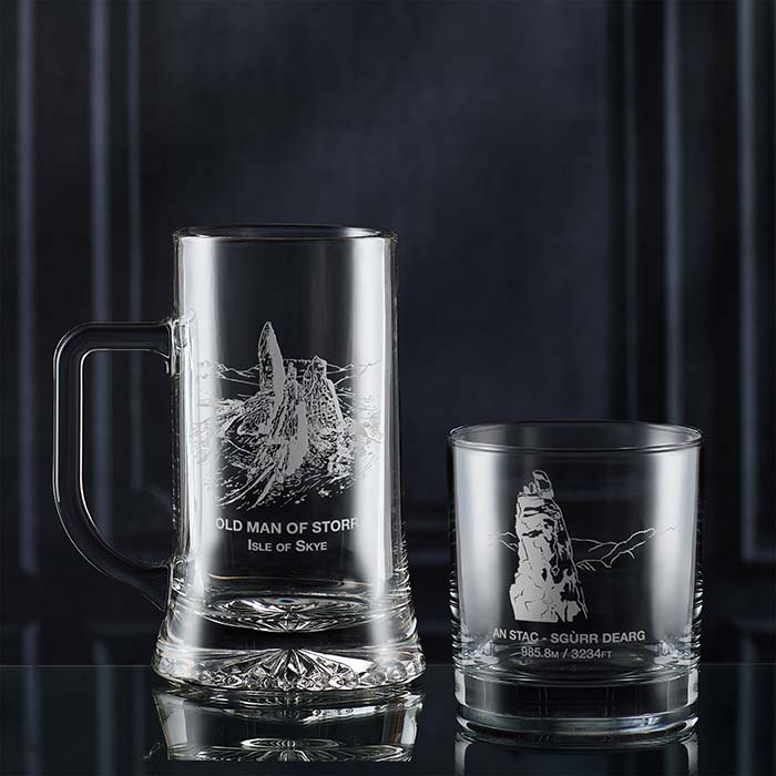 engraved tankard and whisky glass with Isle of Skye designs