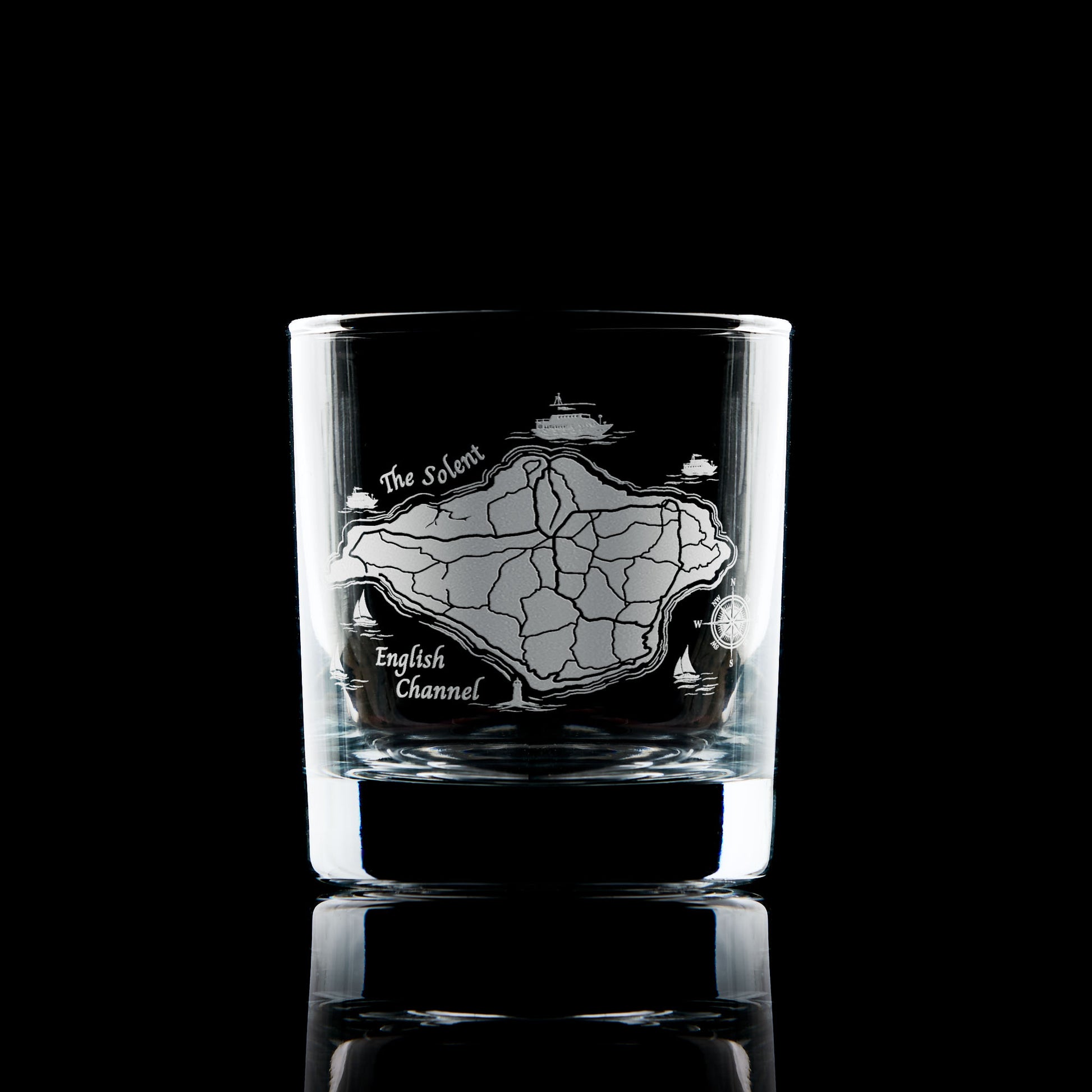 Whisky glass engraved with Isle of Wight coastal map, boats and ferry