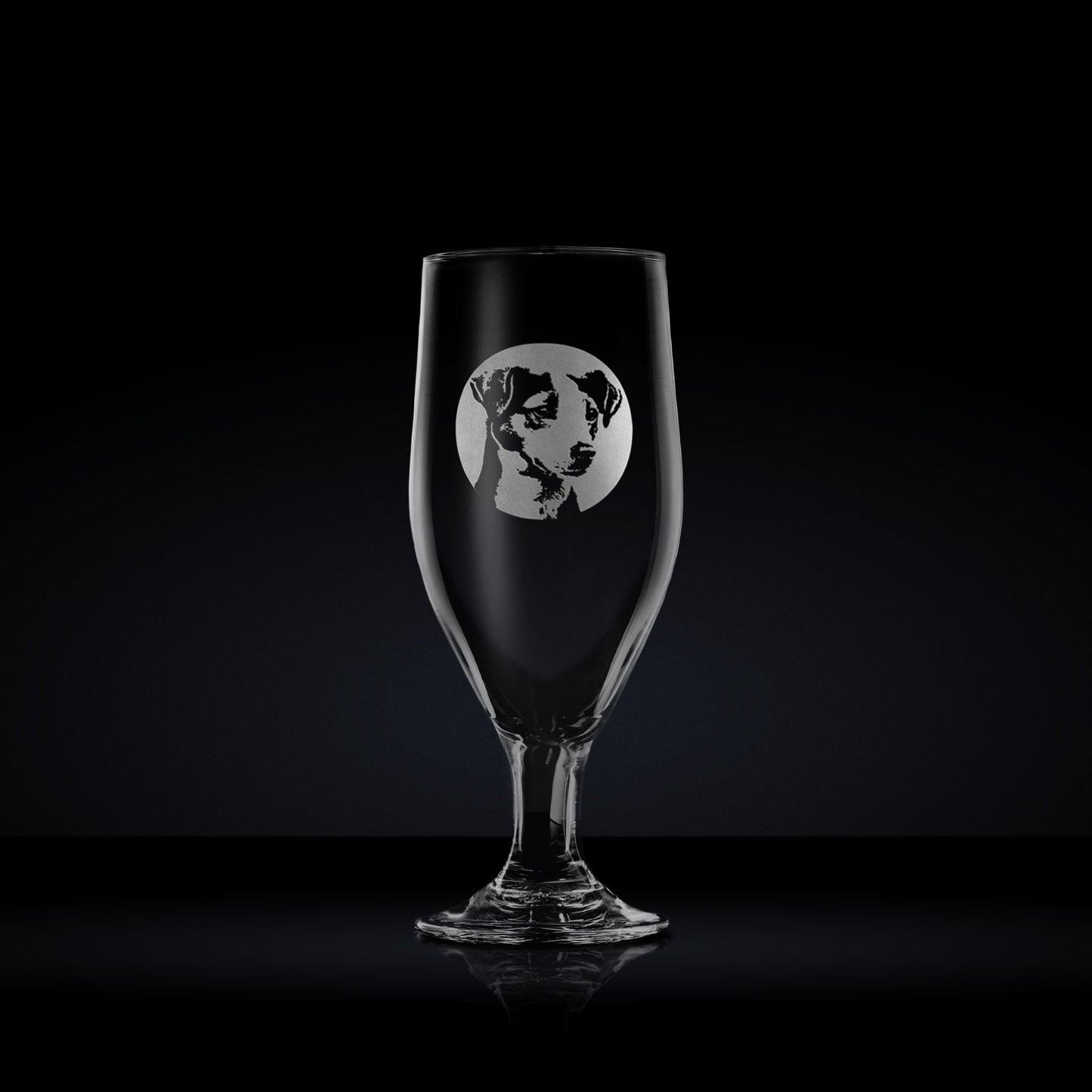 engraved chalice style stemmed beer glass etched with a portrait of a jack russell terrier dog