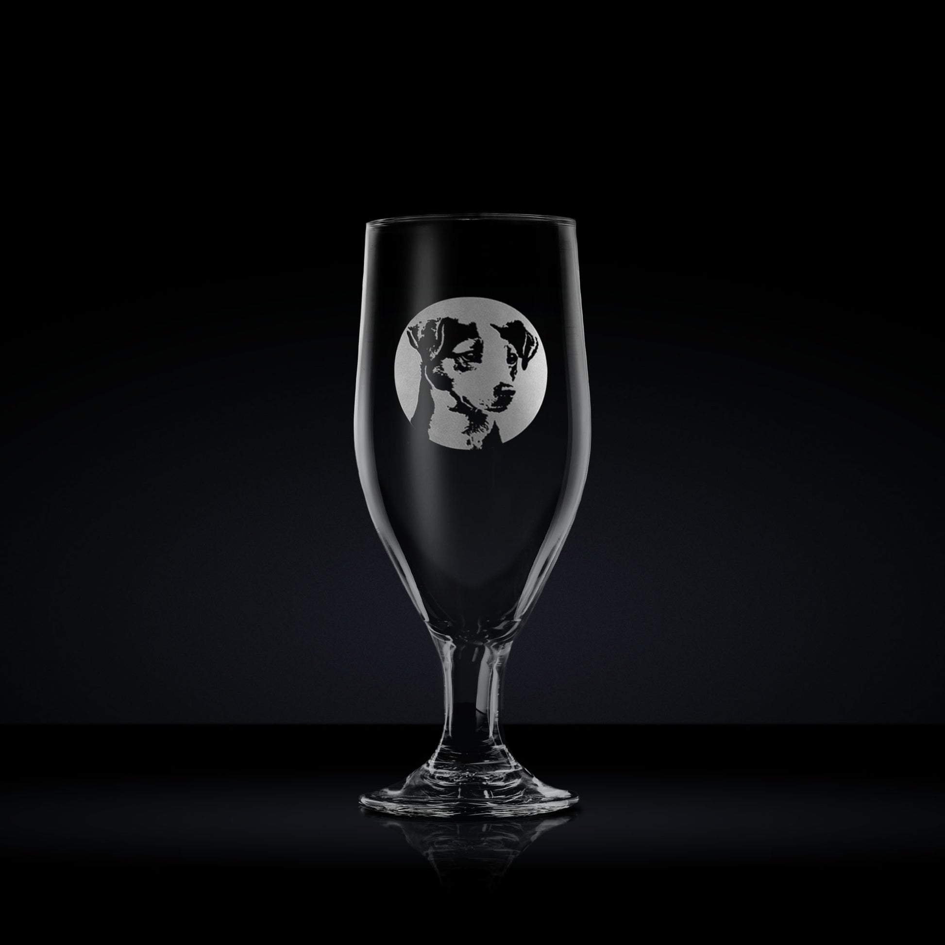 engraved chalice style stemmed beer glass etched with a portrait of a jack russell terrier dog