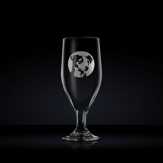 engraved chalice style stemmed beer glass etched with a portrait of a jack russell terrier dog