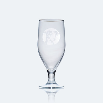 engraved chalice style stemmed beer glass etched with a portrait of a jack russell terrier dog