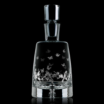 Back view of Le Jardin handmade etched glass decanter with butterfly and floral design