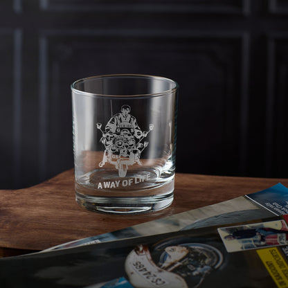 Whisky glass engraved with Jimmy from Quadrophenia riding a Vespa GS with the wor ds A Way of Life engraved below