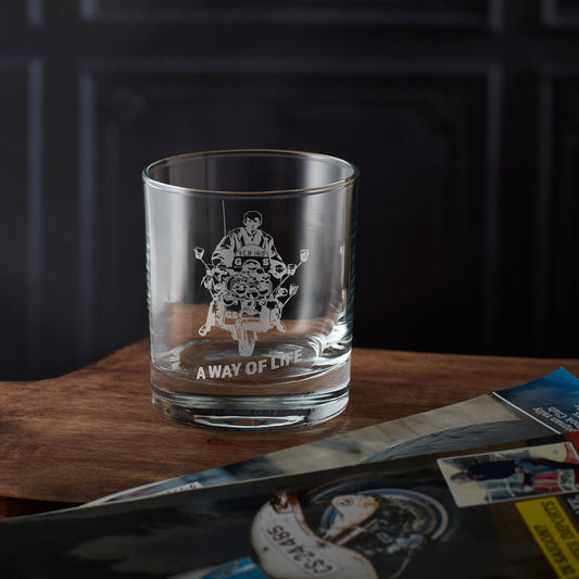 Whisky glass engraved with Jimmy from Quadrophenia riding a Vespa GS with the wor ds A Way of Life engraved below
