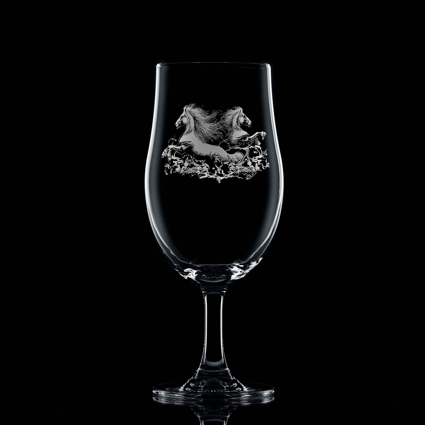 Glass on black background to highlight engraving: 620ml Stemmed beer glass with engraved twin kelpies and space for a message