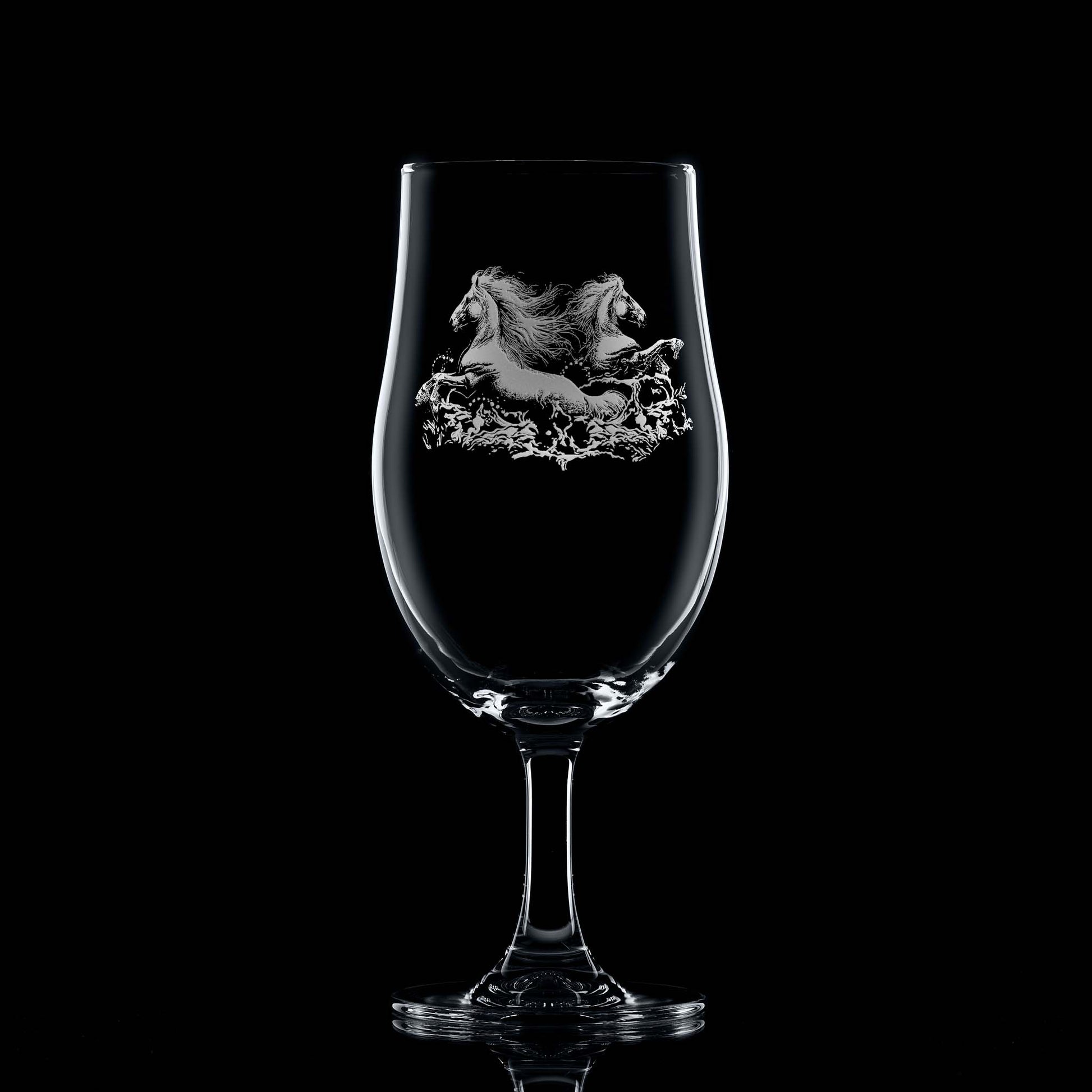 Glass on black background to highlight engraving: 620ml Stemmed beer glass with engraved twin kelpies and space for a message