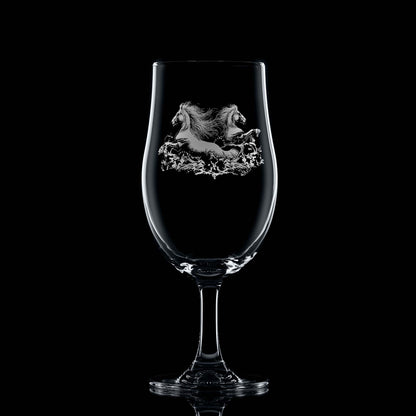 Glass on black background to highlight engraving: 620ml Stemmed beer glass with engraved twin kelpies and space for a message
