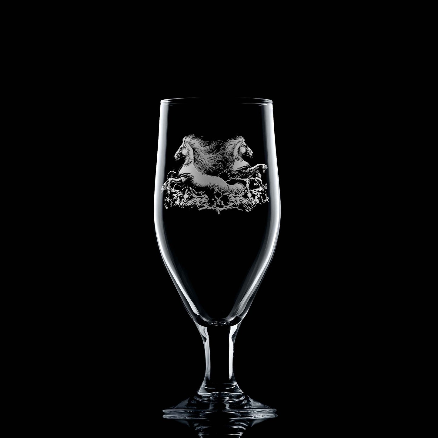 380ml Stemmed beer glass with engraved twin kelpies and space for a message