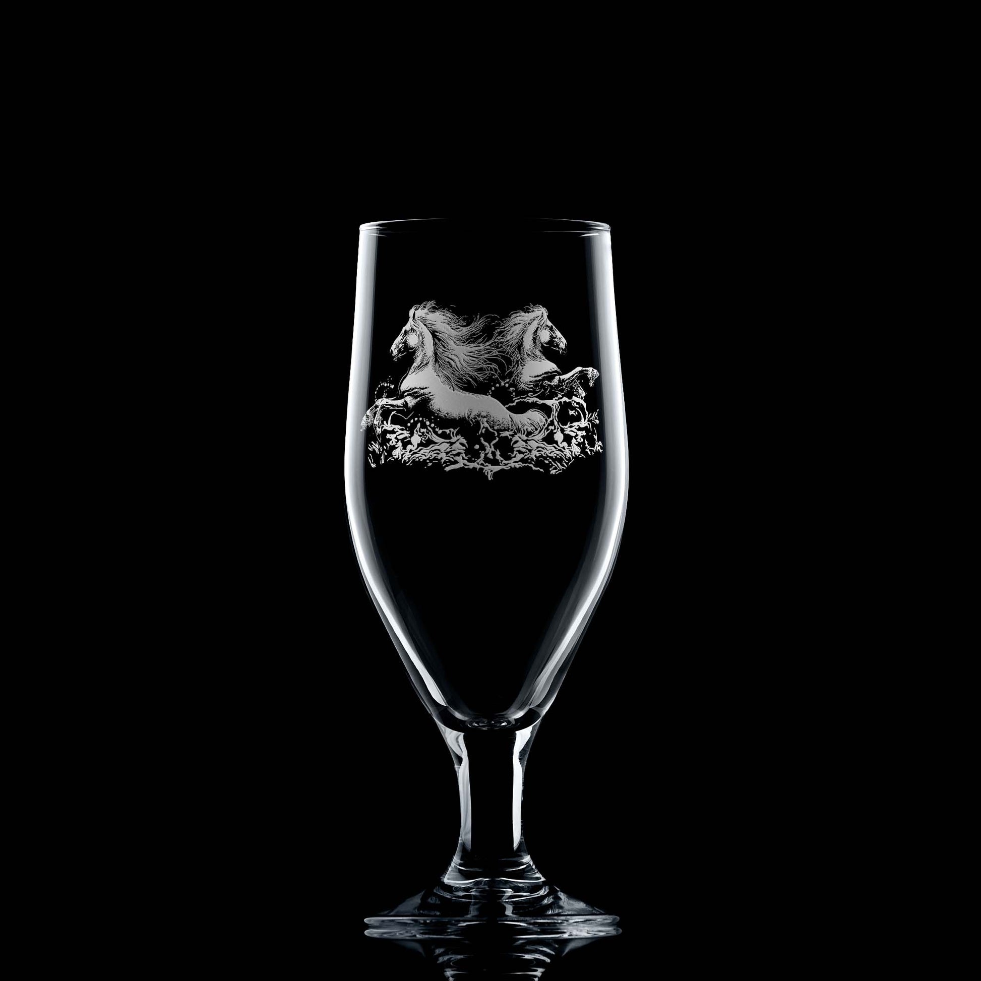 380ml Stemmed beer glass with engraved twin kelpies and space for a message