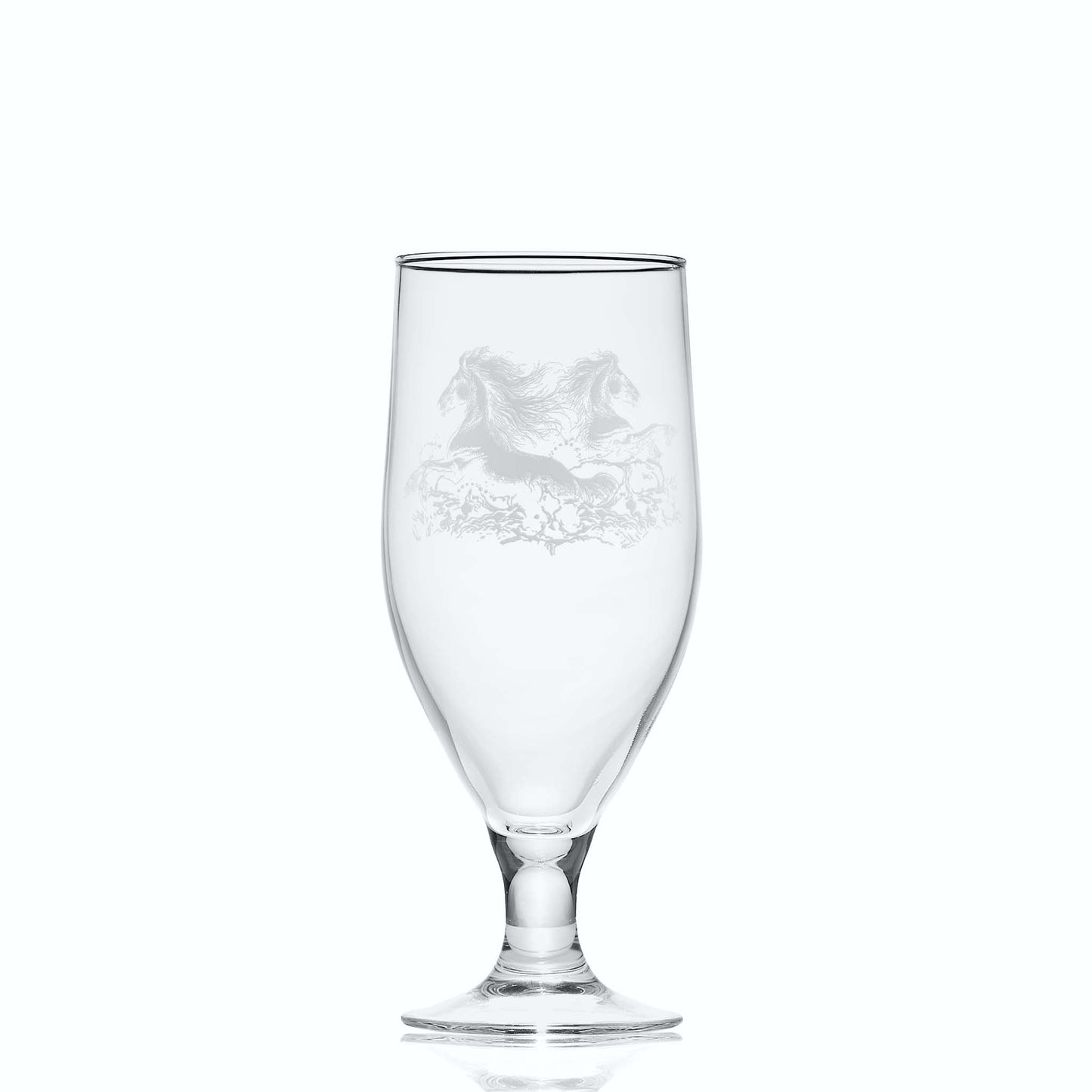 Glass on white background to highlight the shape and form of the glass: 380ml Elegant curved beer glass with stem, engraved with Celtic kelpies