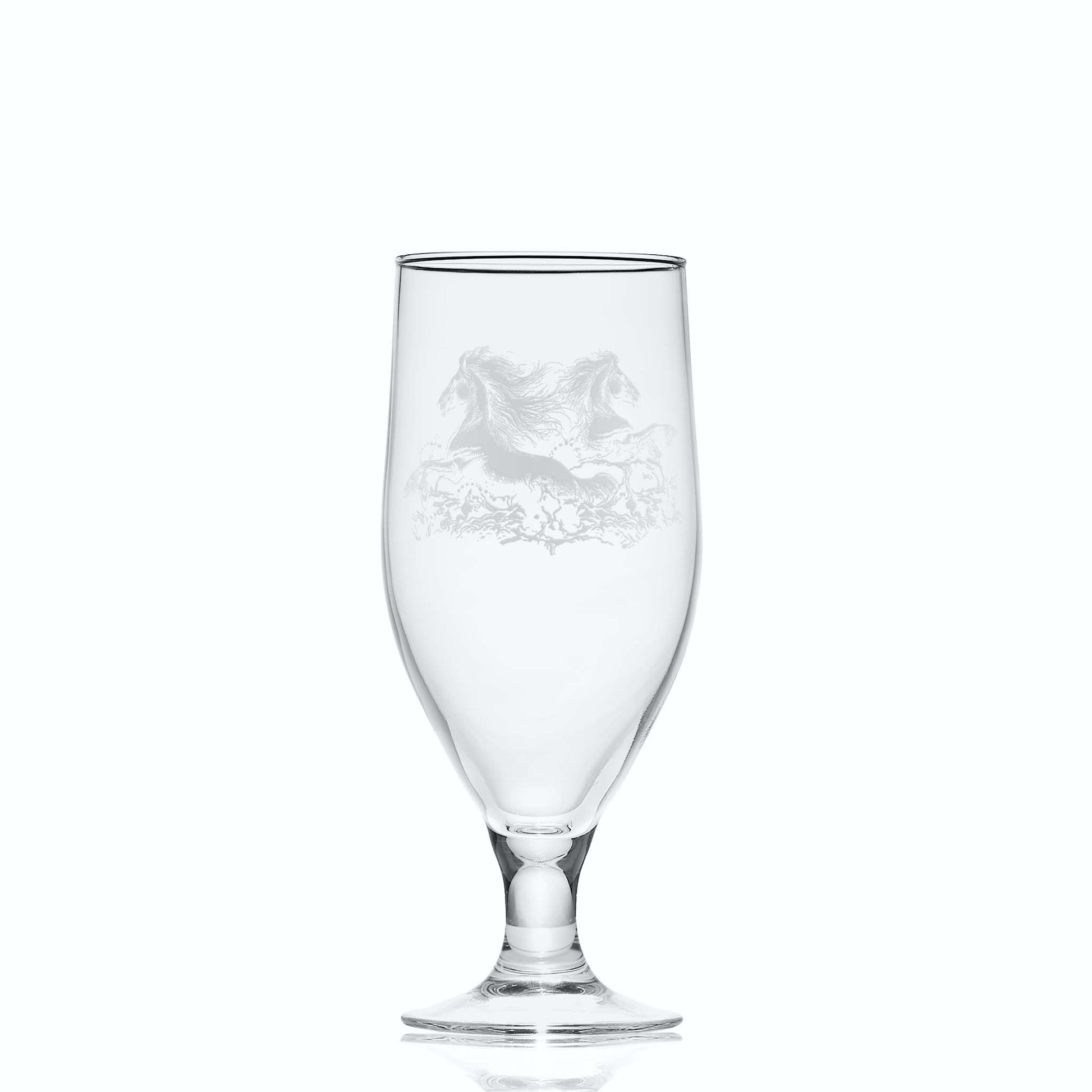 Glass on white background to highlight the shape and form of the glass: 380ml Elegant curved beer glass with stem, engraved with Celtic kelpies