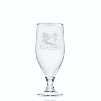 Glass on white background to highlight the shape and form of the glass: 380ml Elegant curved beer glass with stem, engraved with Celtic kelpies