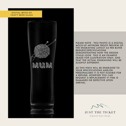 ball of knitting wool engraved pint glass on a black background