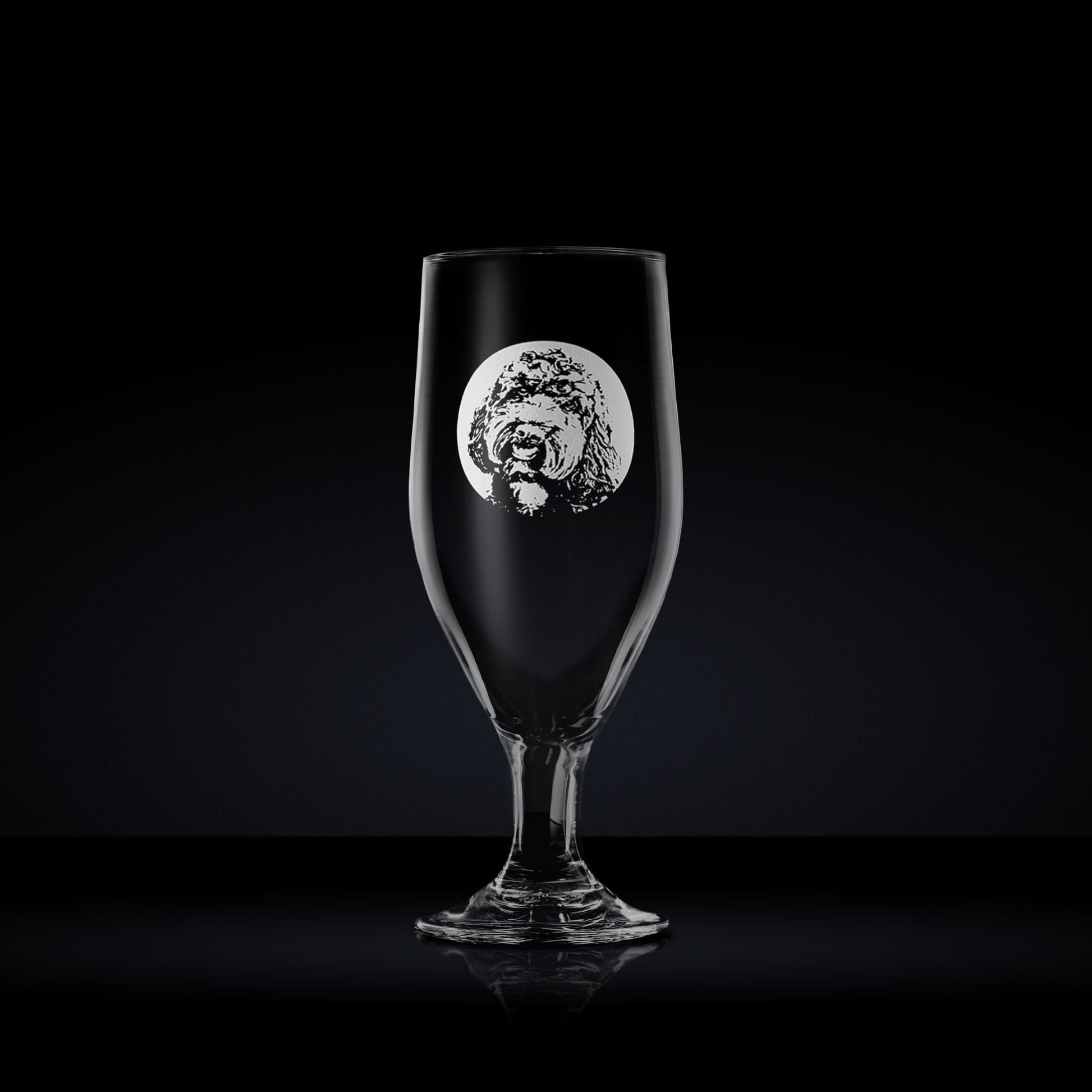 engraved chalice style stemmed beer glass etched with a portrait of a labradoodle dog