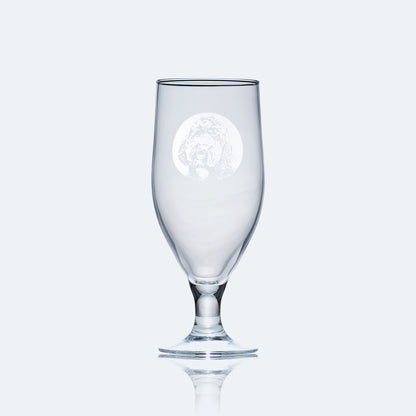 engraved chalice style stemmed beer glass etched with a portrait of a labradoodle dog