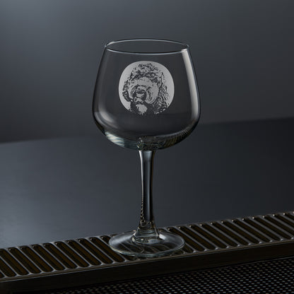 etched balloon gin glass engraved with a portrait of a labradoodle dog