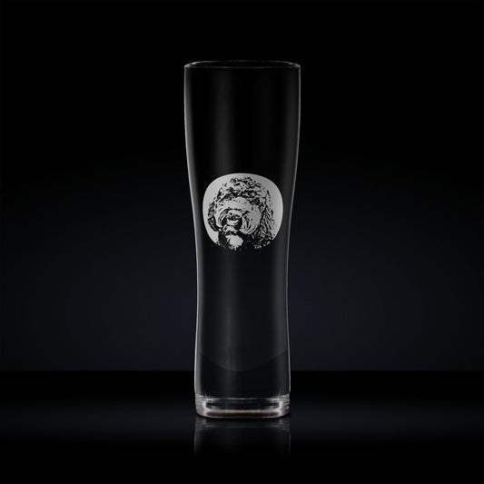 pet dog pint glass engraved with a labradoodle portrait