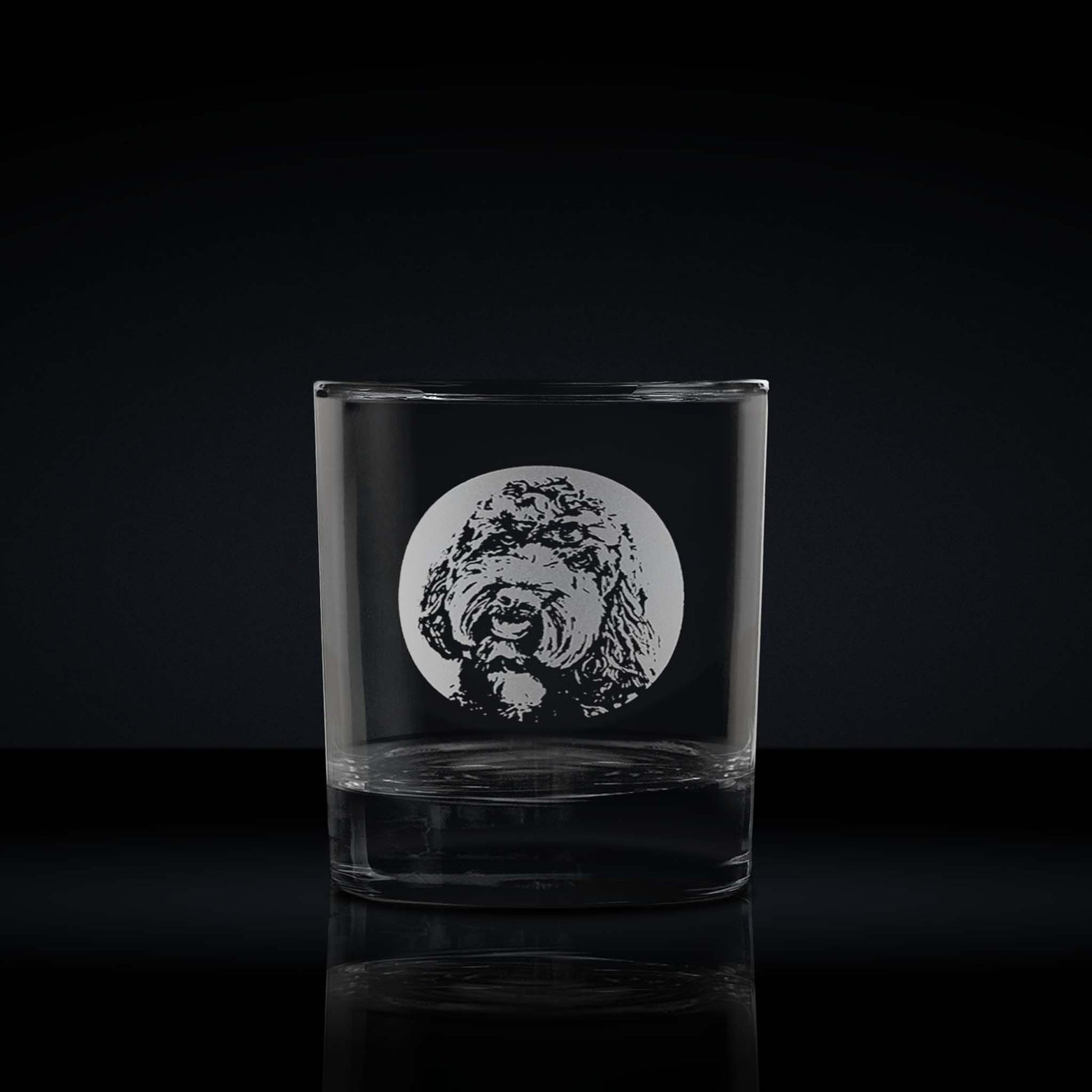 engraved whisky glass etched with a portrait of a labradoodle dog