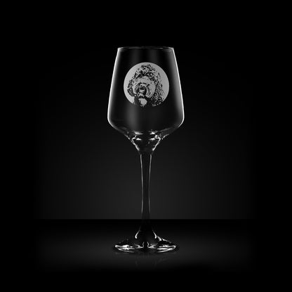 etched wine glass engraved with a portrait of a labradoodle dog