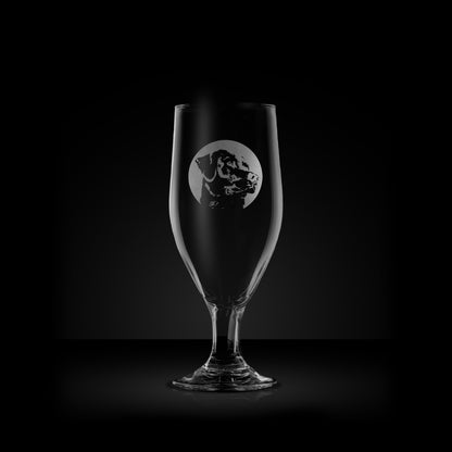 etched stemmed beer glass engraved with a portrait of a labrador dog