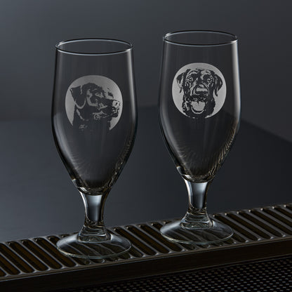 etched stemmed beer glasses engraved with a portrait of a labrador dog