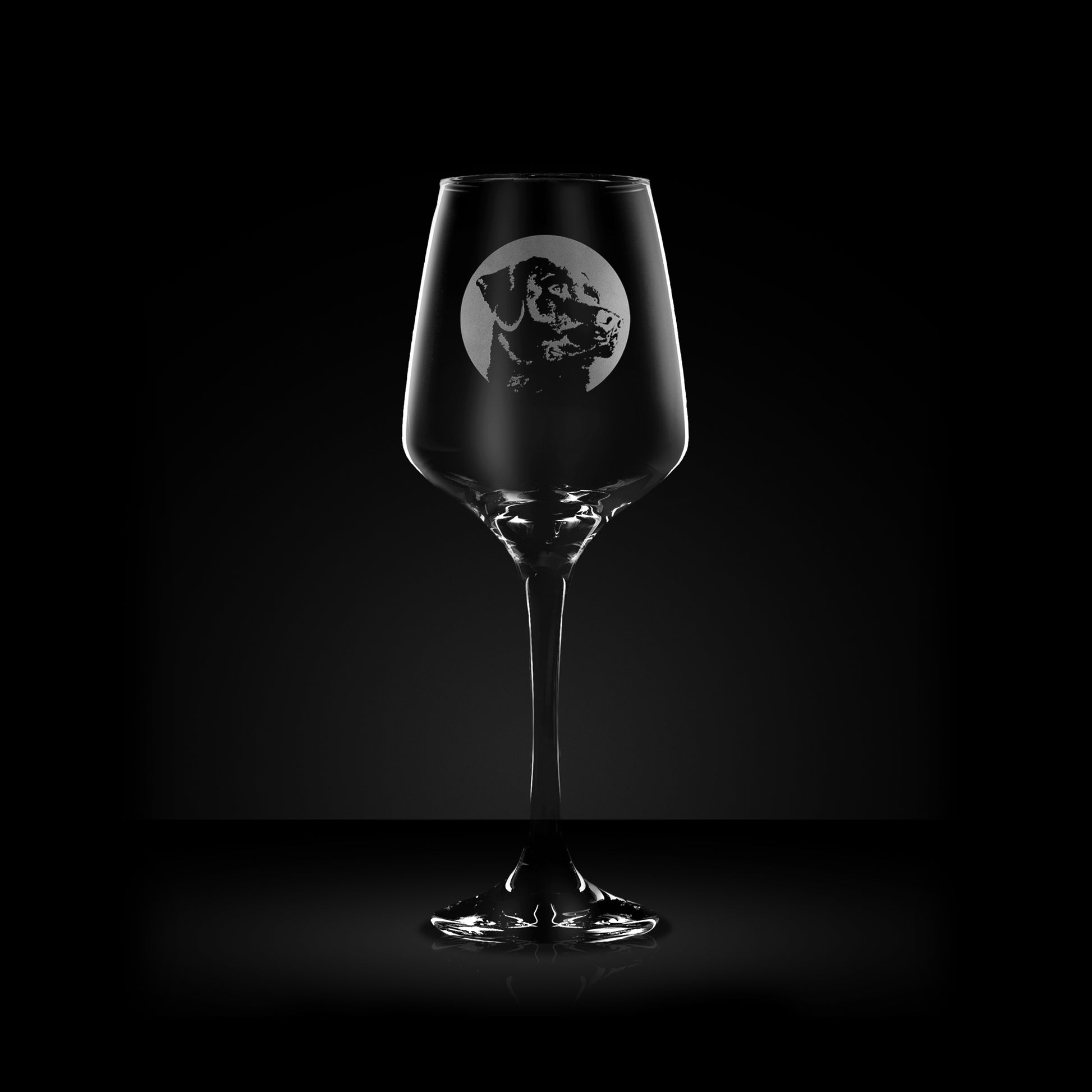 etched wine glass engraved with a portrait of a Labrador dog