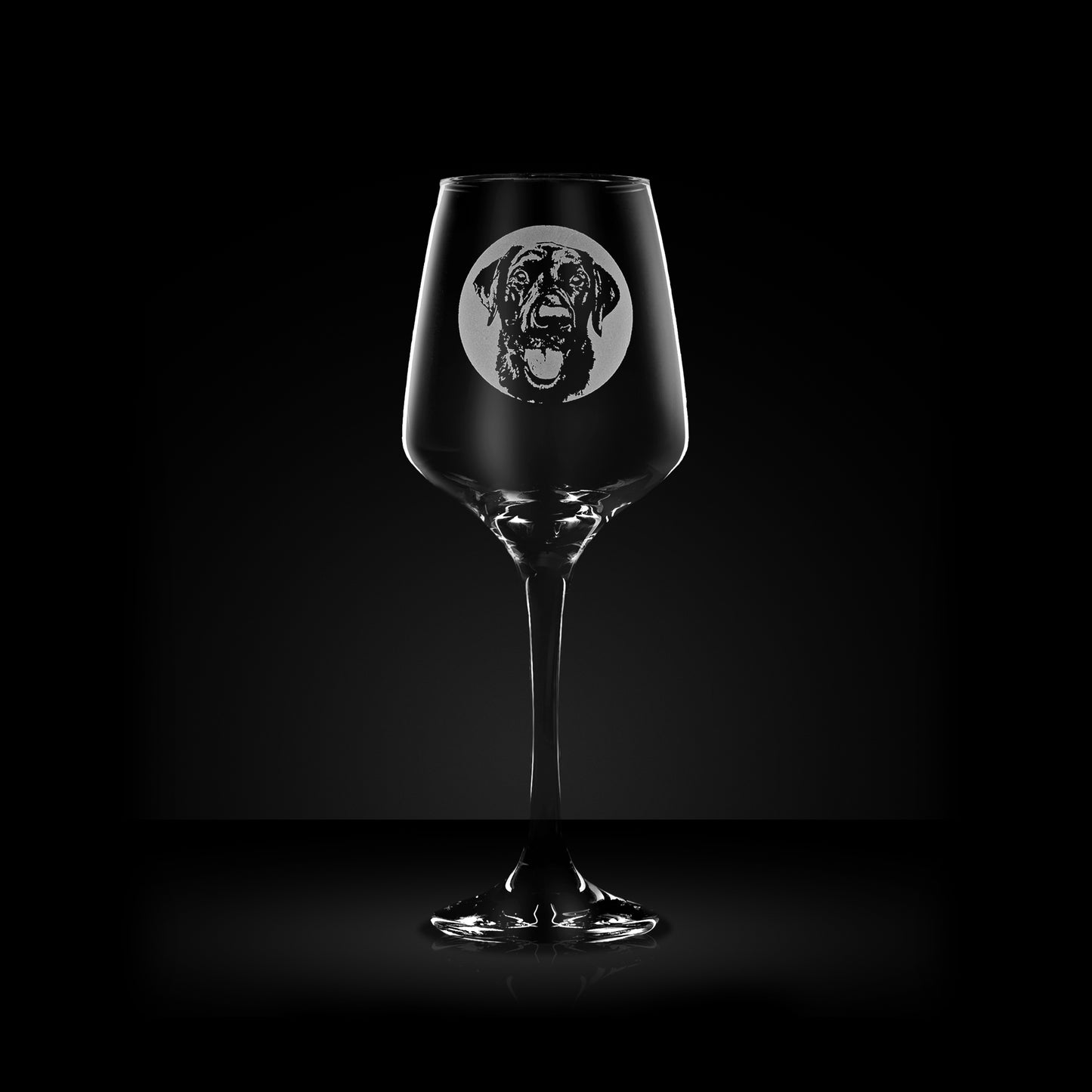 etched wine glass engraved with a portrait of a Labrador dog