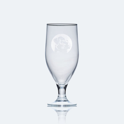 stemmed beer glass engraved with a portrait of a labrador dog