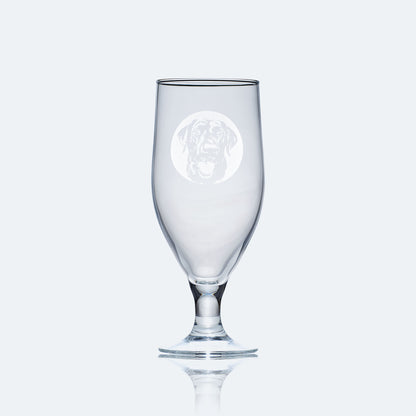 stemmed beer glass engraved with a portrait of a labrador dog