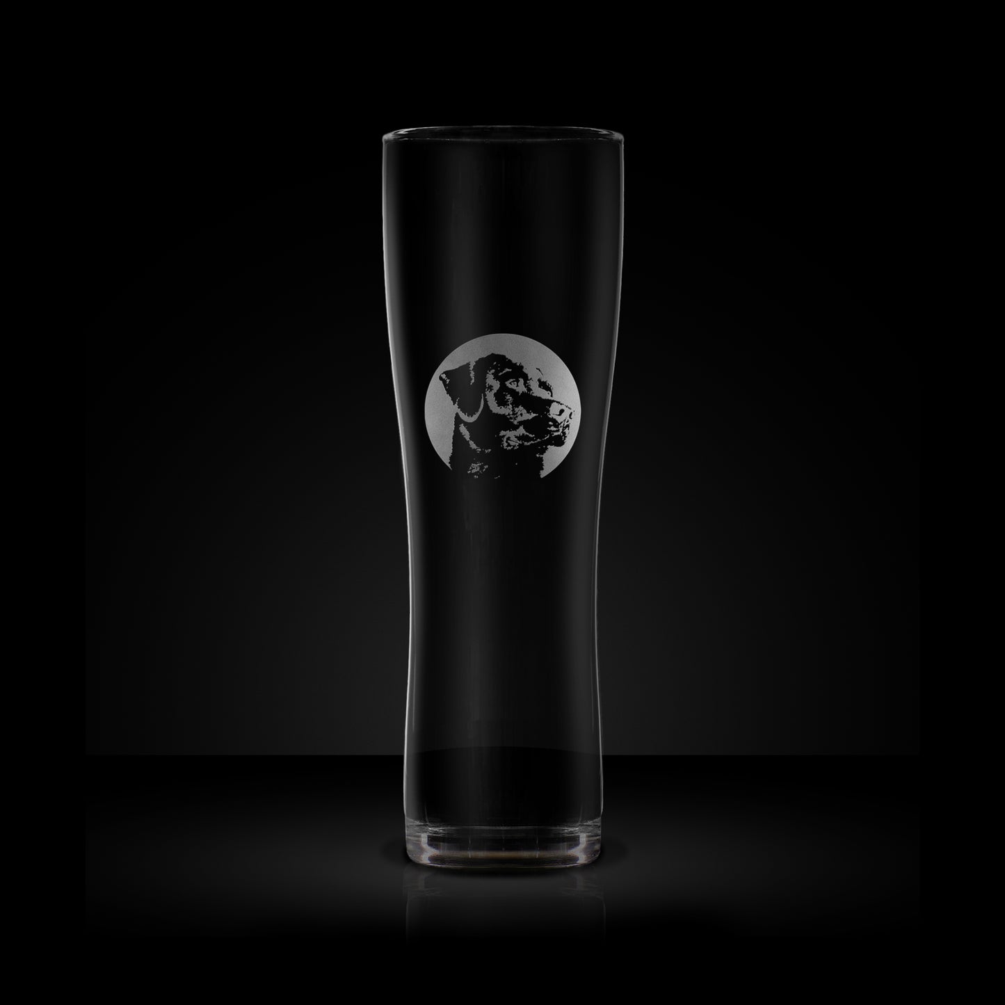 etched craft beer pint glass engraved with a portrait of a labrador dog