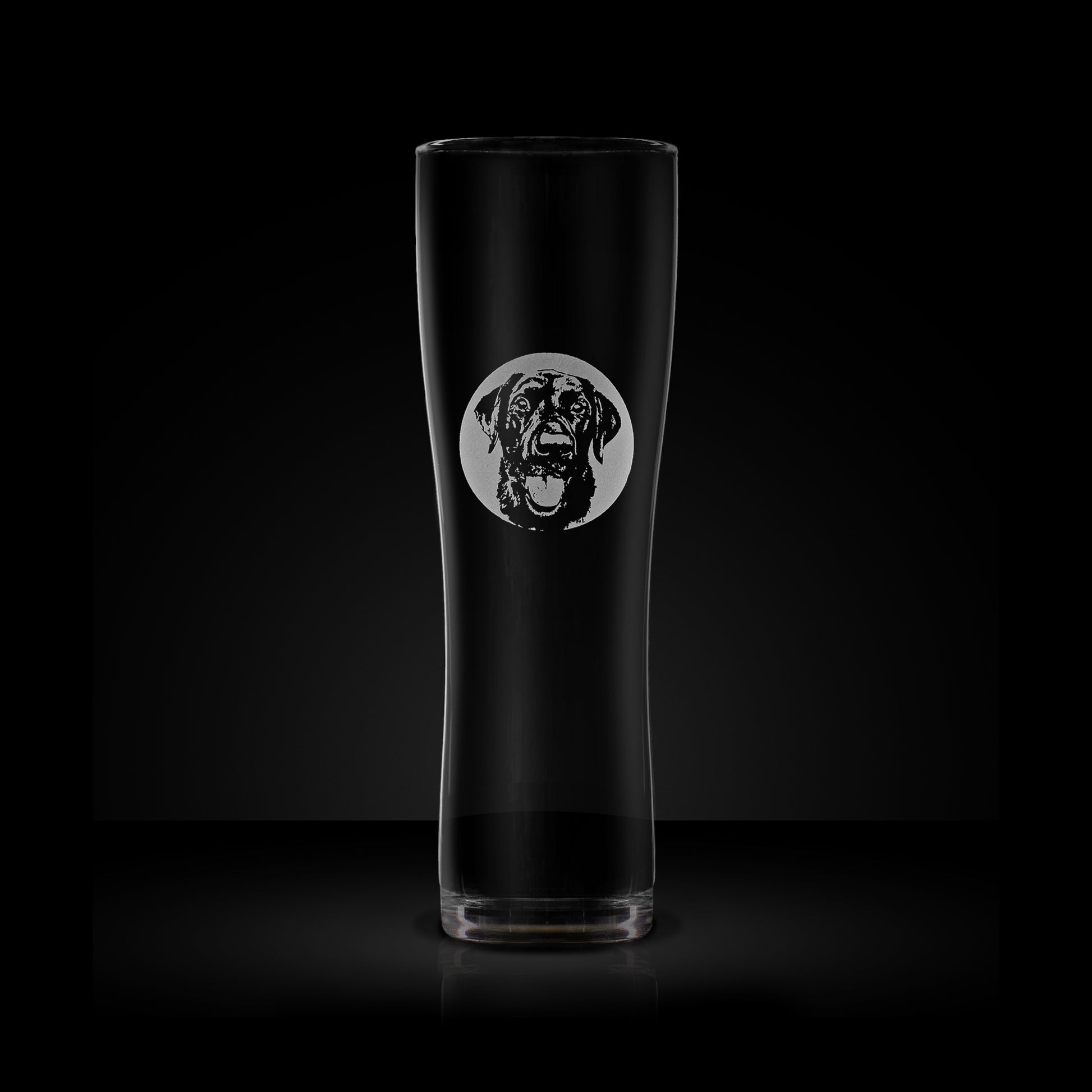 etched craft beer pint glass engraved with a portrait of a labrador dog