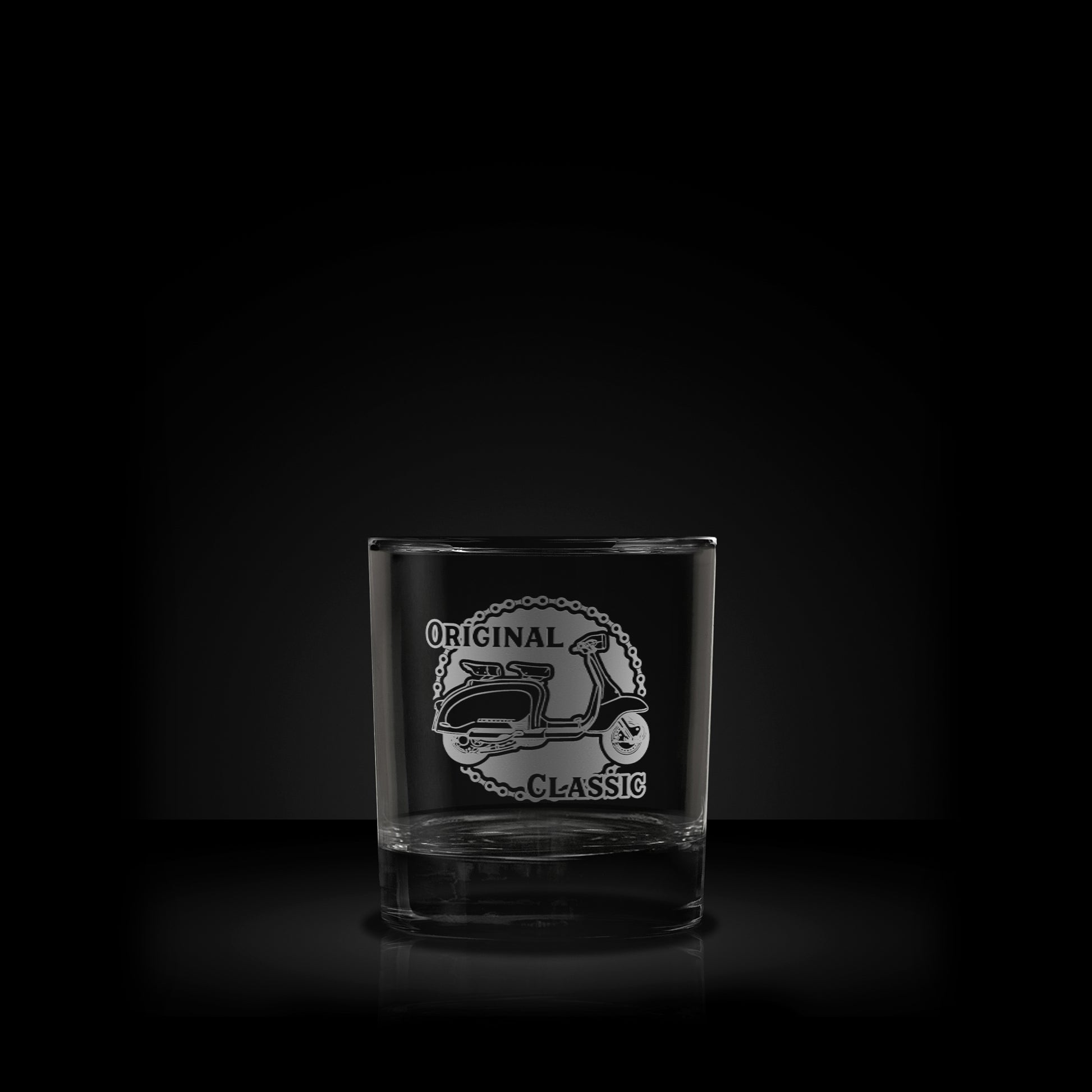 engraved whisky glass featuring a lambretta li125 scooter design