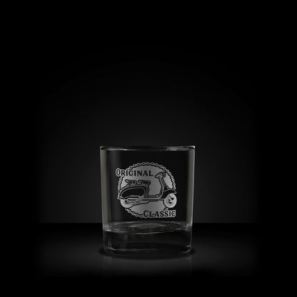 engraved whisky glass featuring a lambretta li125 scooter design