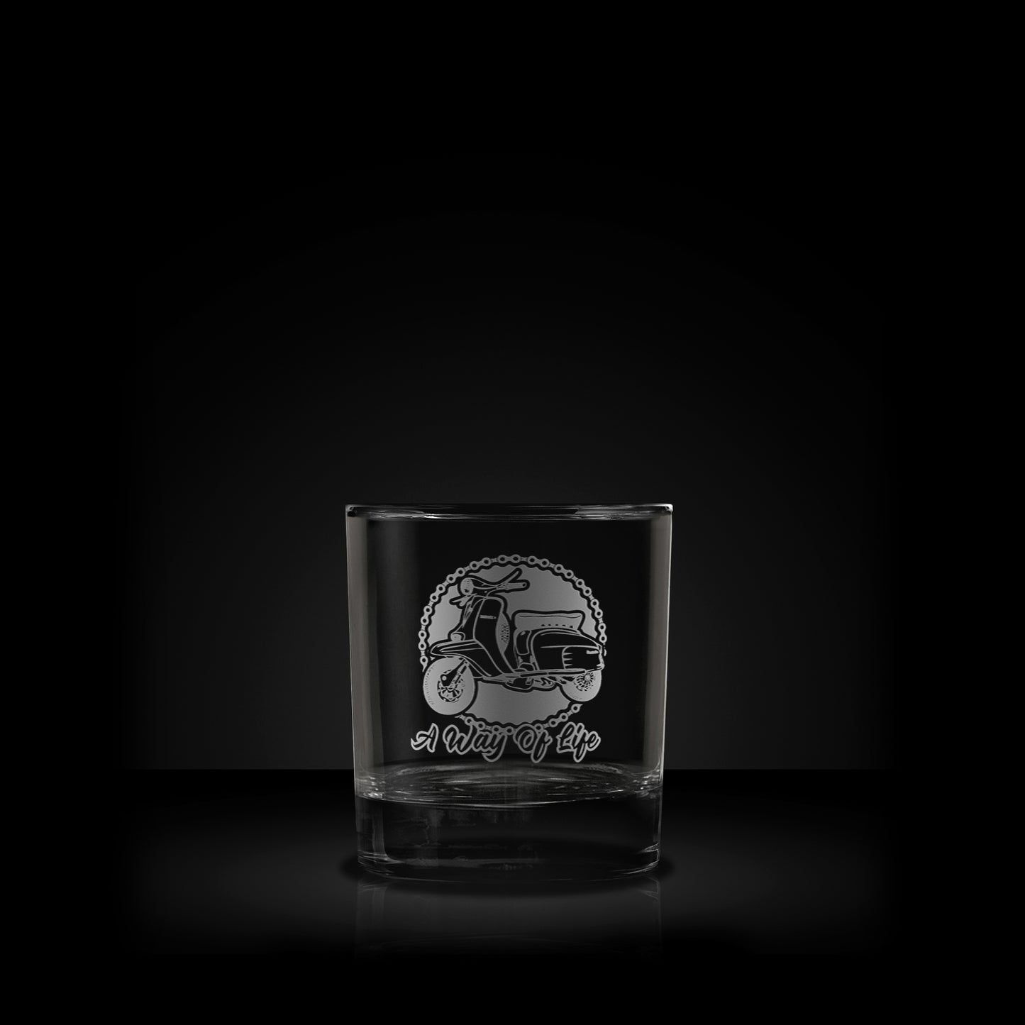 engraved whisky glass featuring a lambretta Li special scooter design