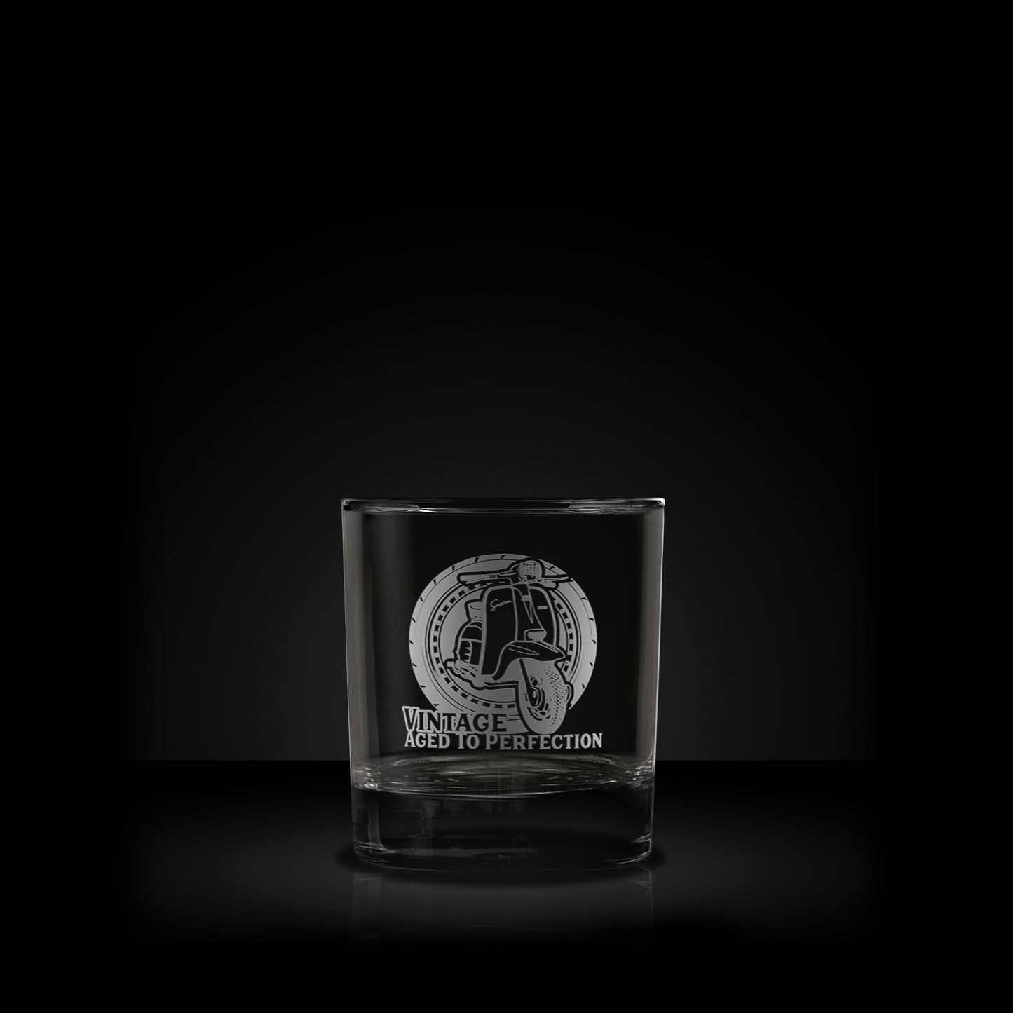 engraved whisky glass featuring a lambretta special scooter design