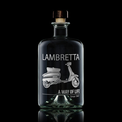 Apothecary style decanter engraved with a Lambretta GP Scooter , black background