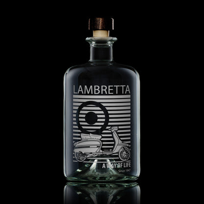 glass decanter bottle engraved with a Lambretta GP Scooter and MOD target
