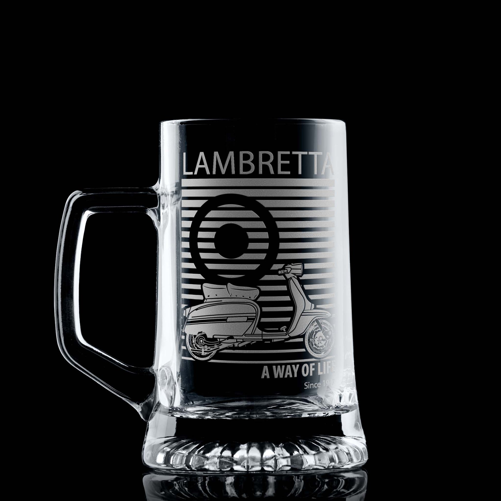 Beer tankard engraved with a classic Lambretta Grand Prix scooter illustration