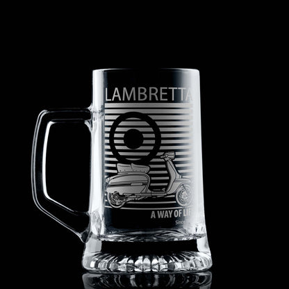 Beer tankard engraved with a classic Lambretta Grand Prix scooter illustration