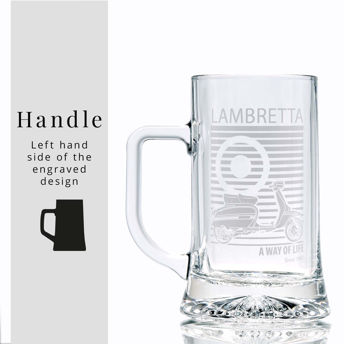 Glass tankard engraved with a classic Lambretta Grand Prix scooter illustration