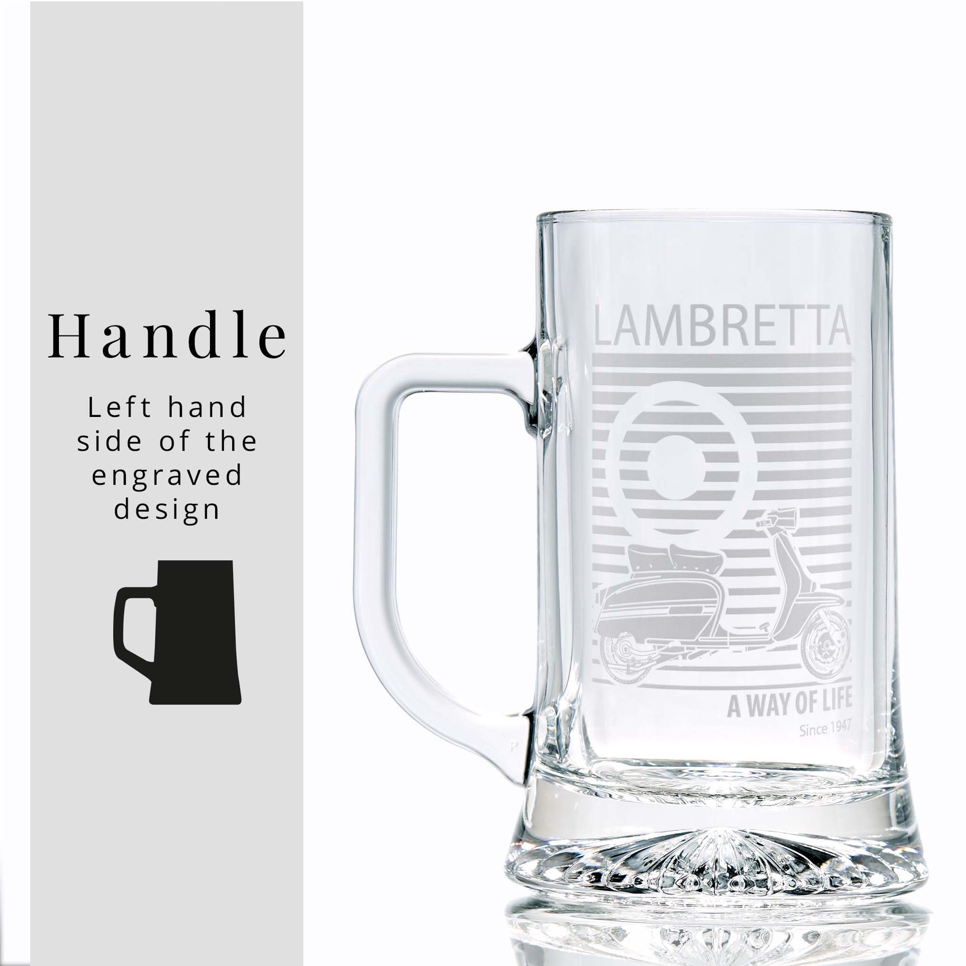 Glass tankard engraved with a classic Lambretta Grand Prix scooter illustration