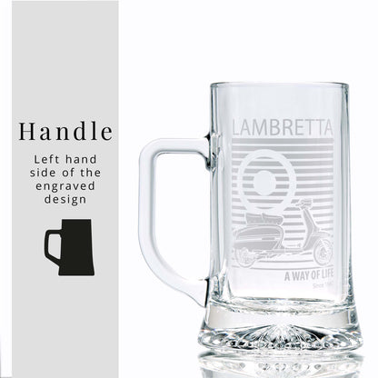 Glass tankard engraved with a classic Lambretta Grand Prix scooter illustration