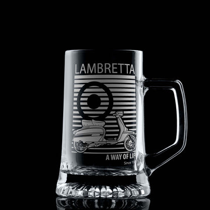 Beer tankard engraved with a classic Lambretta GP scooter illustration