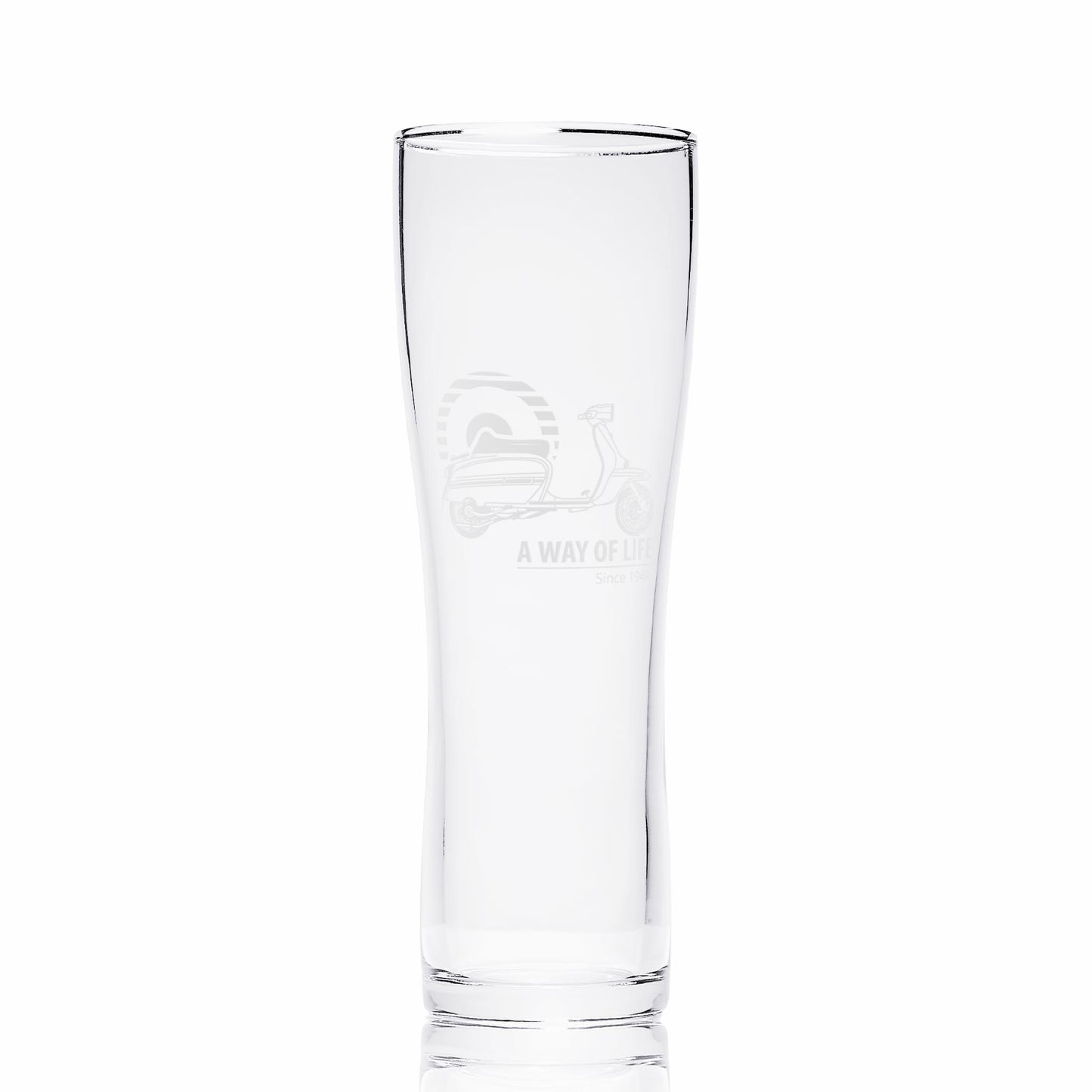 Lambretta GP pint glass on white background showing Mod target engraving and fine sandblasted detail.