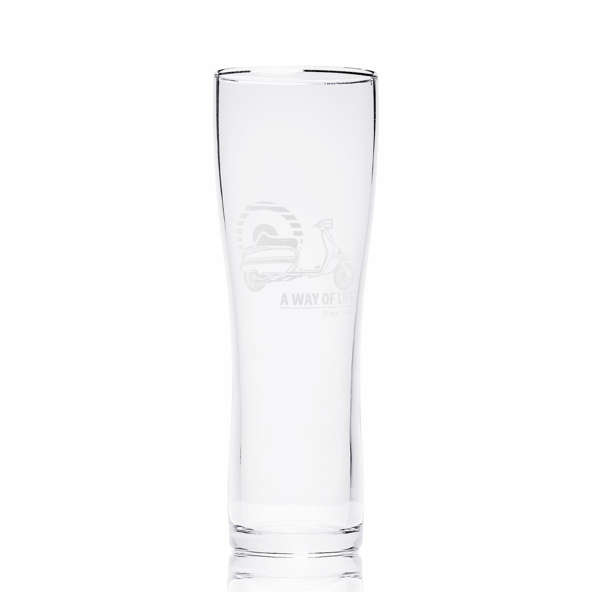 Lambretta GP pint glass on white background showing Mod target engraving and fine sandblasted detail.